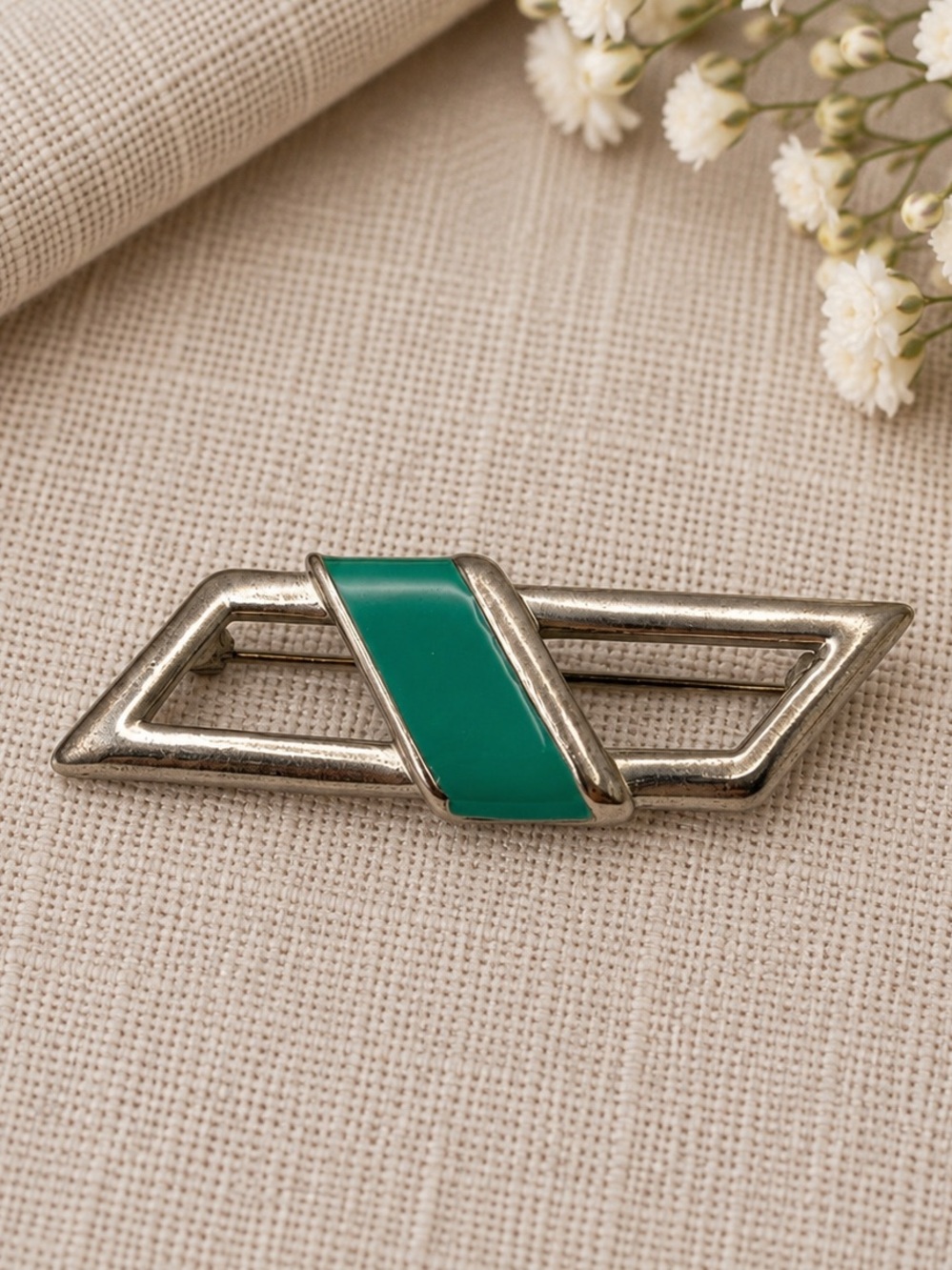 Vintage 80s Geometric Enamel Bar Brooch - Teal & Silver